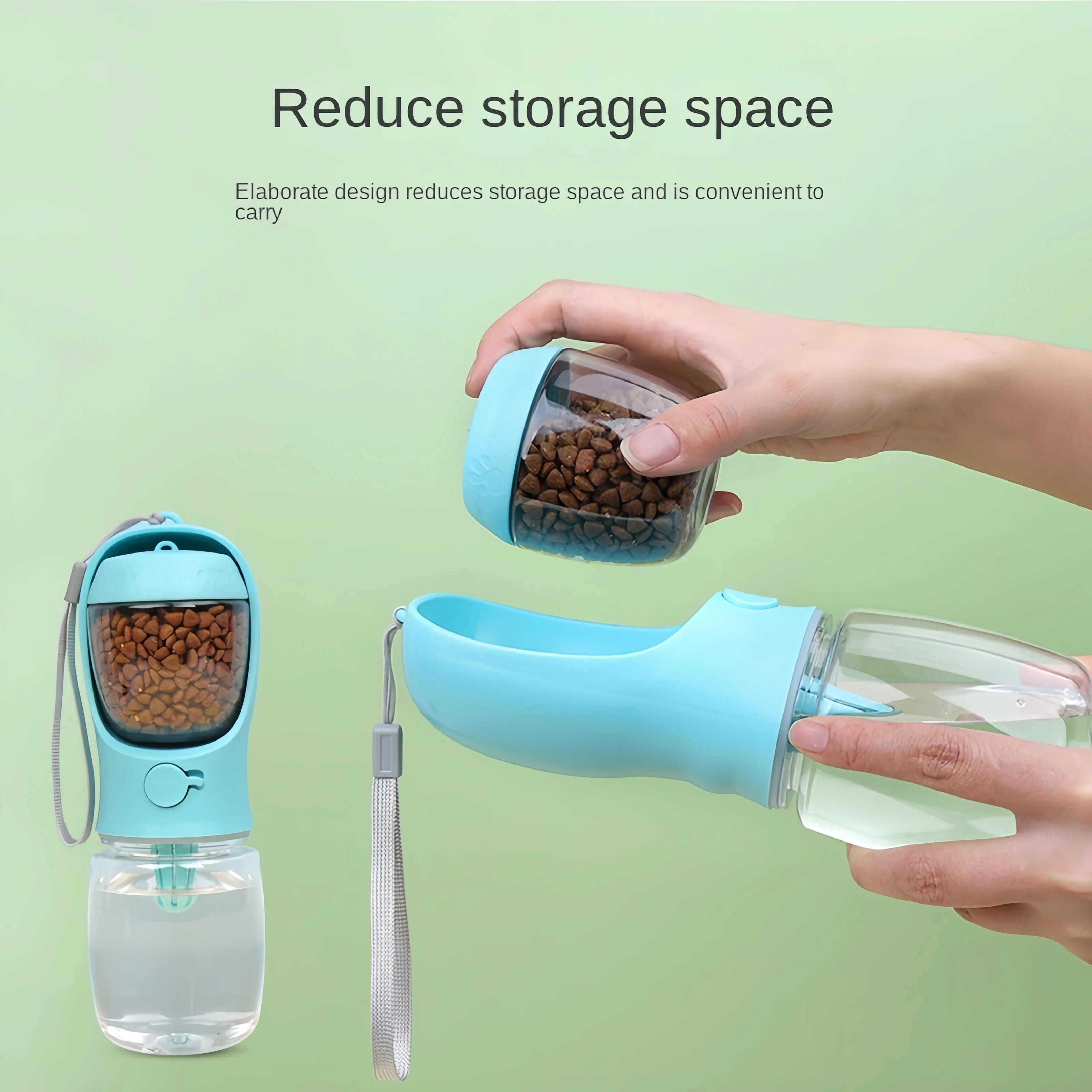 Botella de agua portátil para mascotas con almacenamiento de alimento