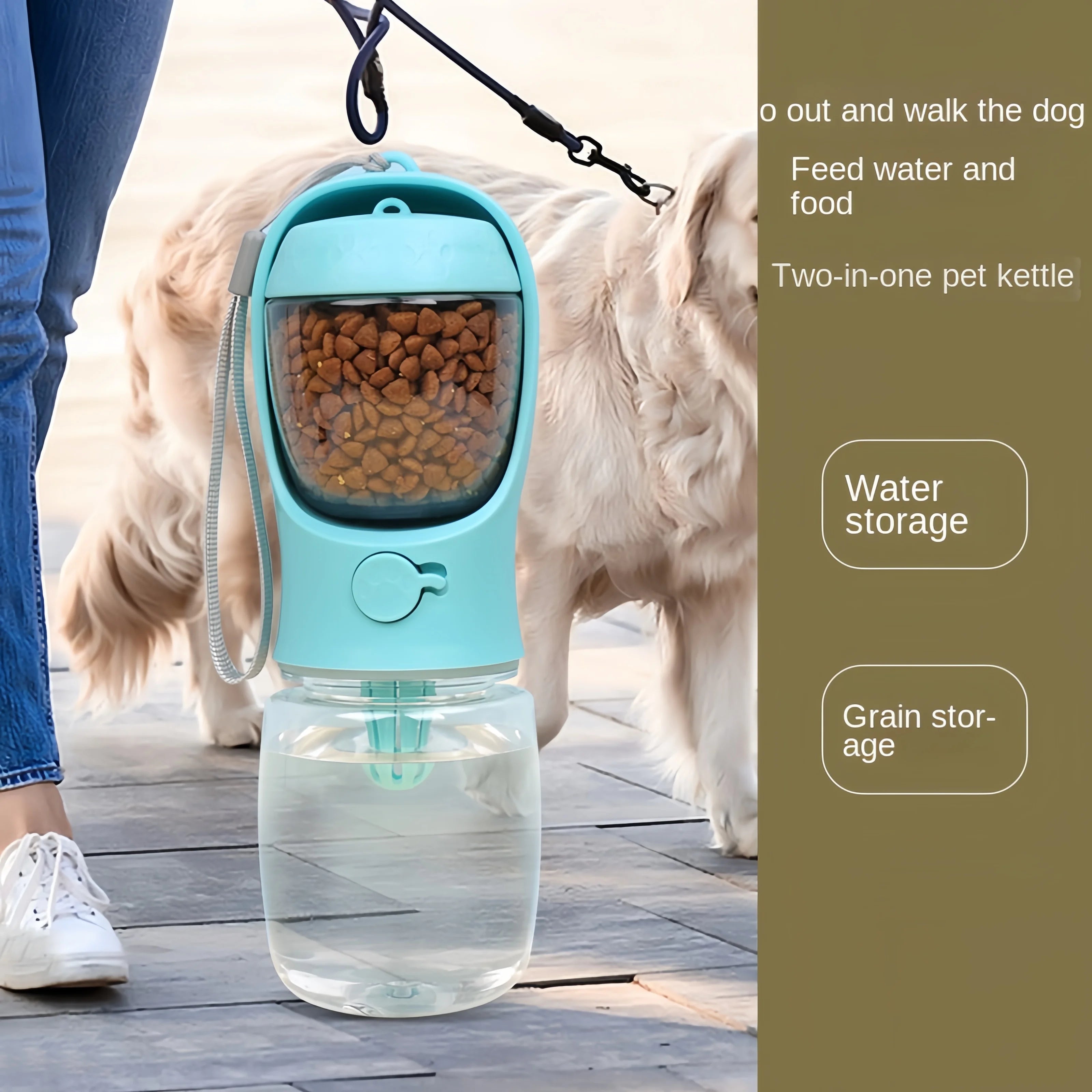Botella de agua portátil para mascotas con almacenamiento de alimento